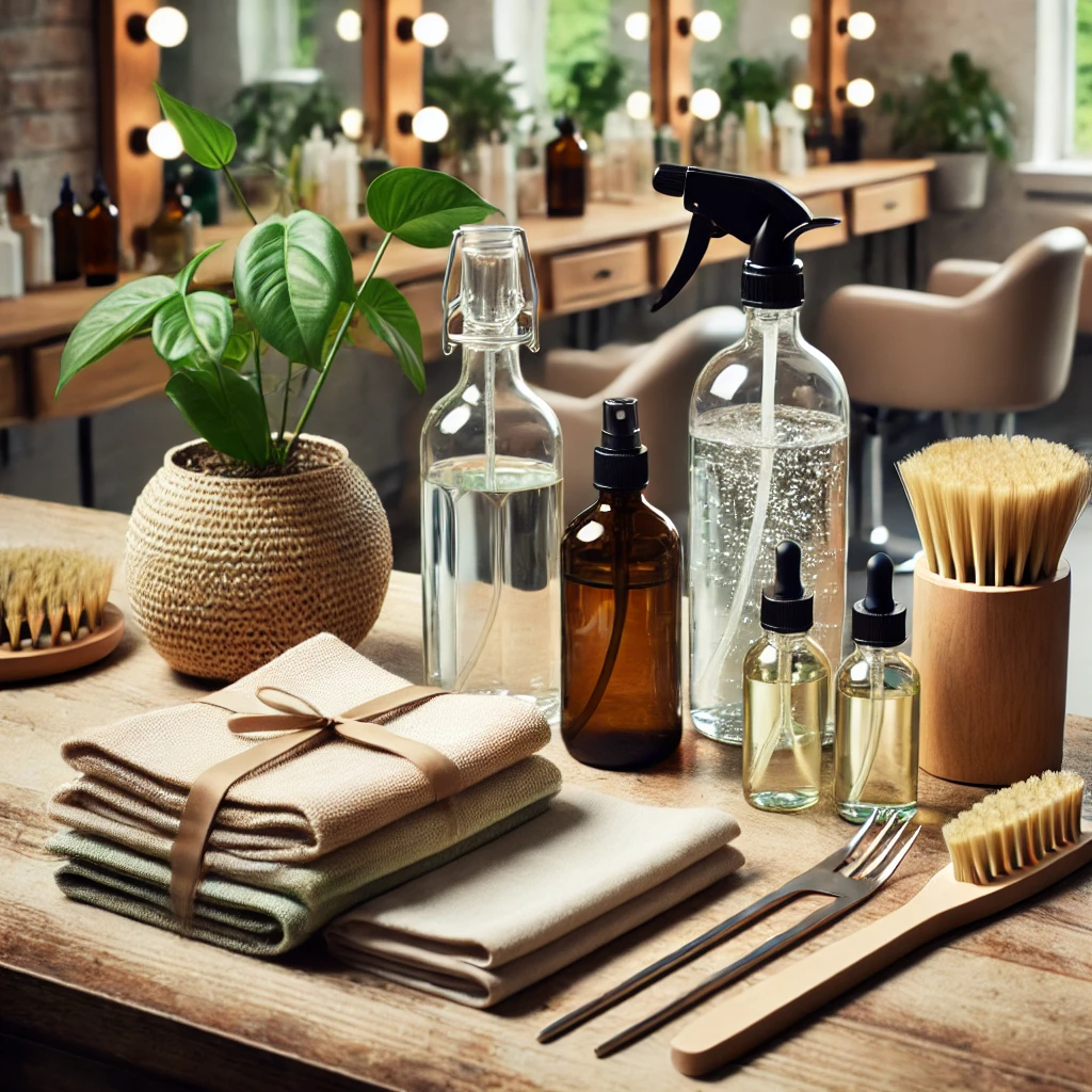 Eco-friendly cleaning products in a salon, featuring glass bottles, natural brushes, and reusable cloths for a sustainable workspace.