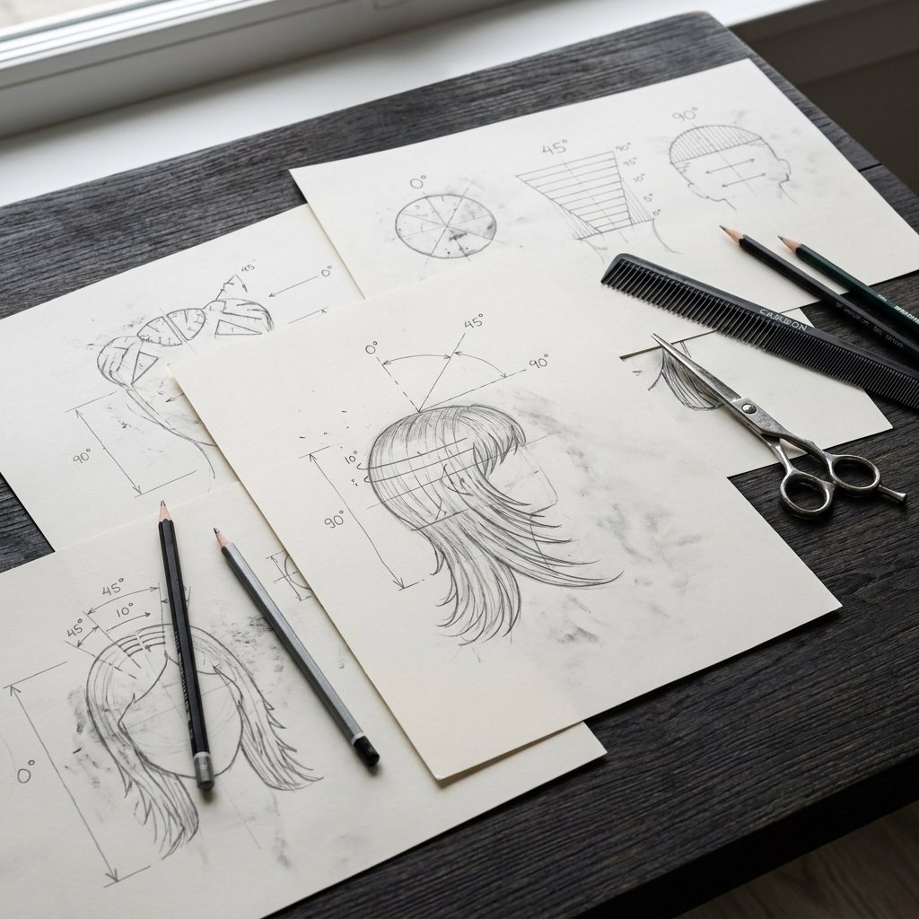 Hand-drawn hairdressing cutting diagrams marked with 0, 45 and 90 degree elevation angles, arranged on a dark wood table beside shears, a cutting comb and pencils.