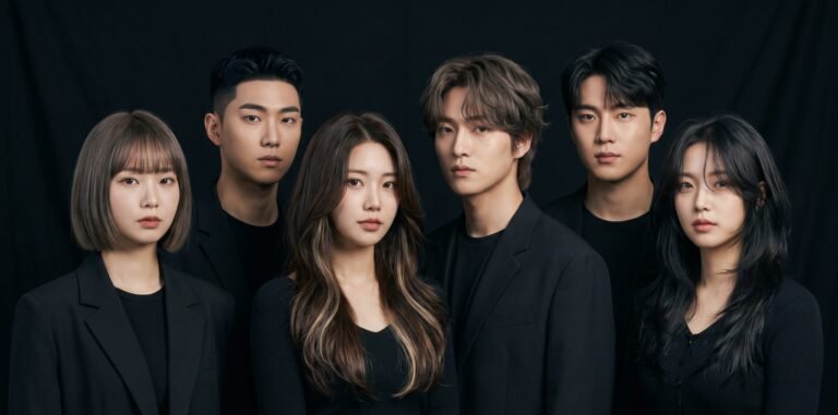 Six people photographed together against a dark backdrop, each with a different haircut: a chin-length blunt bob in cool ash brown with a full fringe; a short dark tapered cut swept back; long dark brown waved hair with a lighter caramel gradient through the mid-lengths; a tousled mid-length ash-brown cut with a soft curtain fringe; a short black cut with a textured fringe worn forward; and long black layers with wispy face-framing pieces.