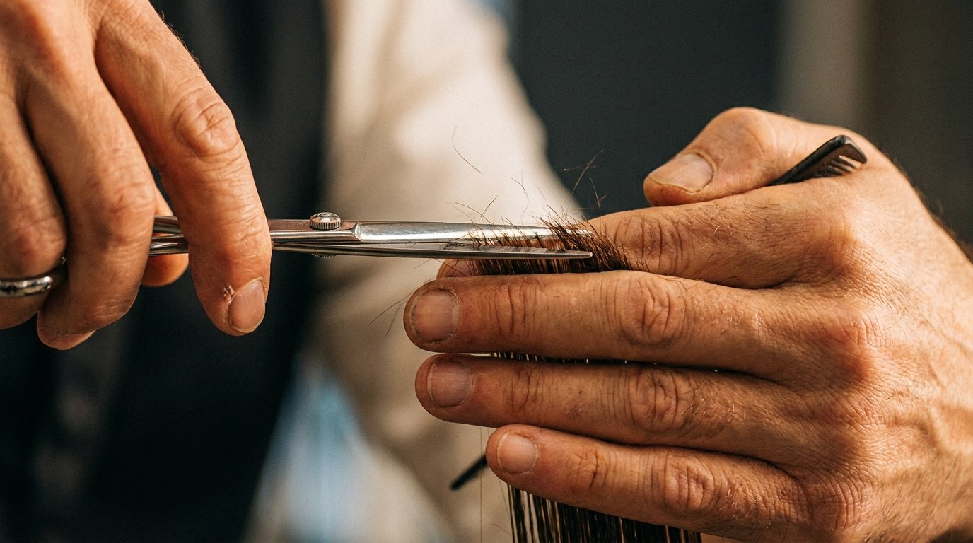 Close-up of an experienced hairdresser's hands holding a section of dark hair between two fingers, comb tucked in the palm, while cutting across it with scissors