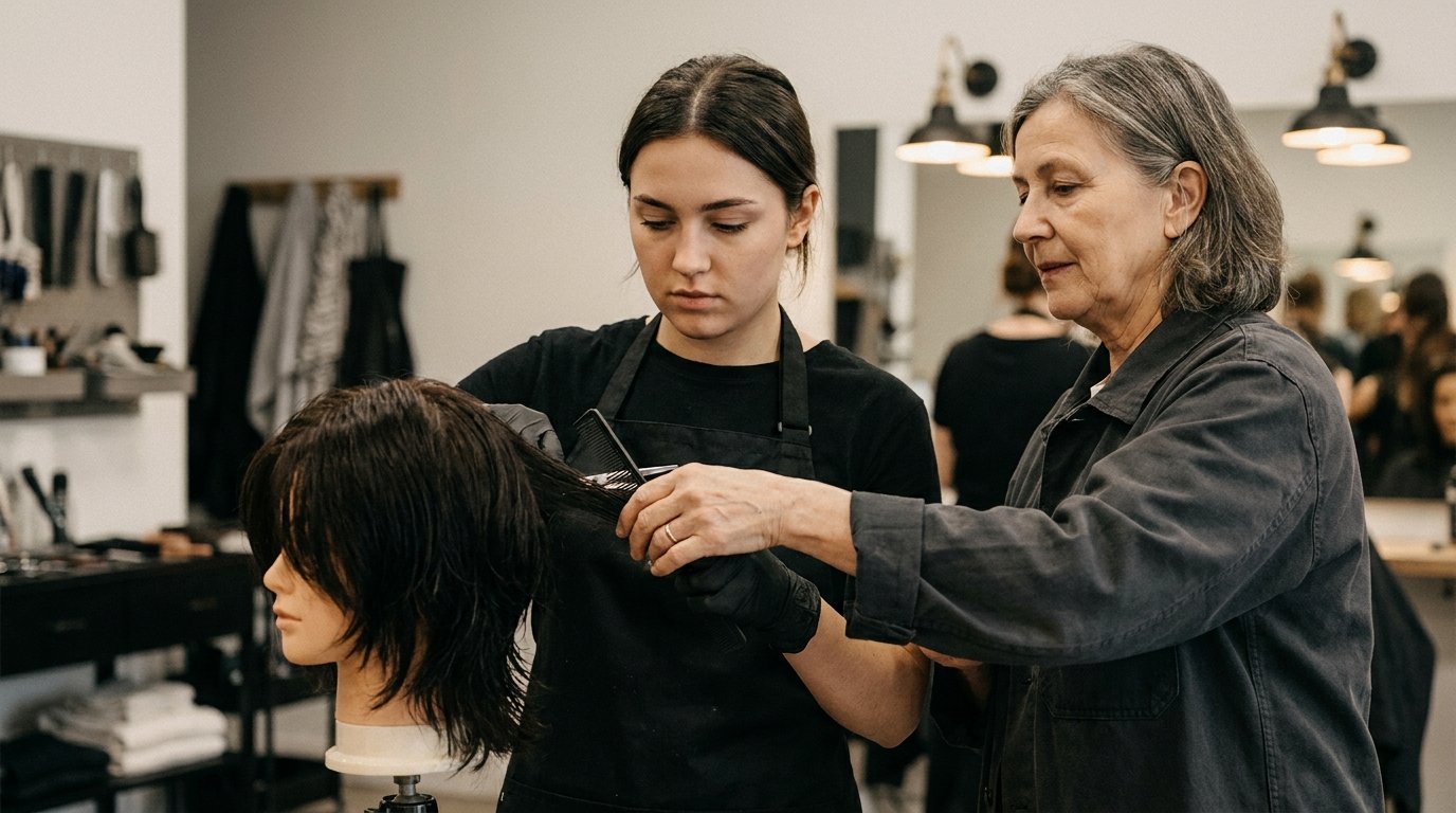 Senior hair educator guiding a student's hand as she combs out a section of a training head with dark, layered hair in a training salon