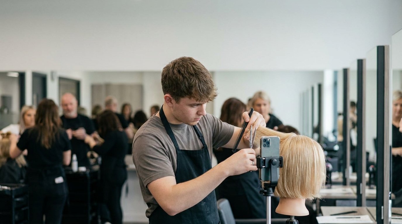 Hairdressing student in an apron cutting a section of a blonde bob on a training head, a smartphone mounted on a stand beside it, in a busy academy